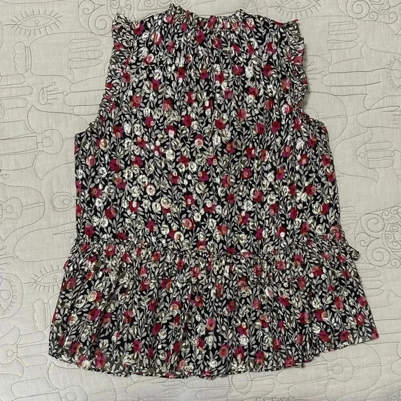 Kate Spade Large Floral Park Silk Sleeveless Ruffle Top Metallic Clip Dot - Picture 6 of 13